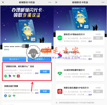 邮储闪光卡放粽欢乐购领爱奇艺会员/优酷会员/网易云音乐月卡