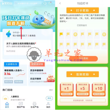 宝石山APP15天打卡挑战领取1-10元微信立减金 注册二类卡即可