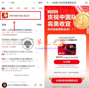 网易云音乐庆祝中国队凯旋领最高30天网易云音乐黑胶会员